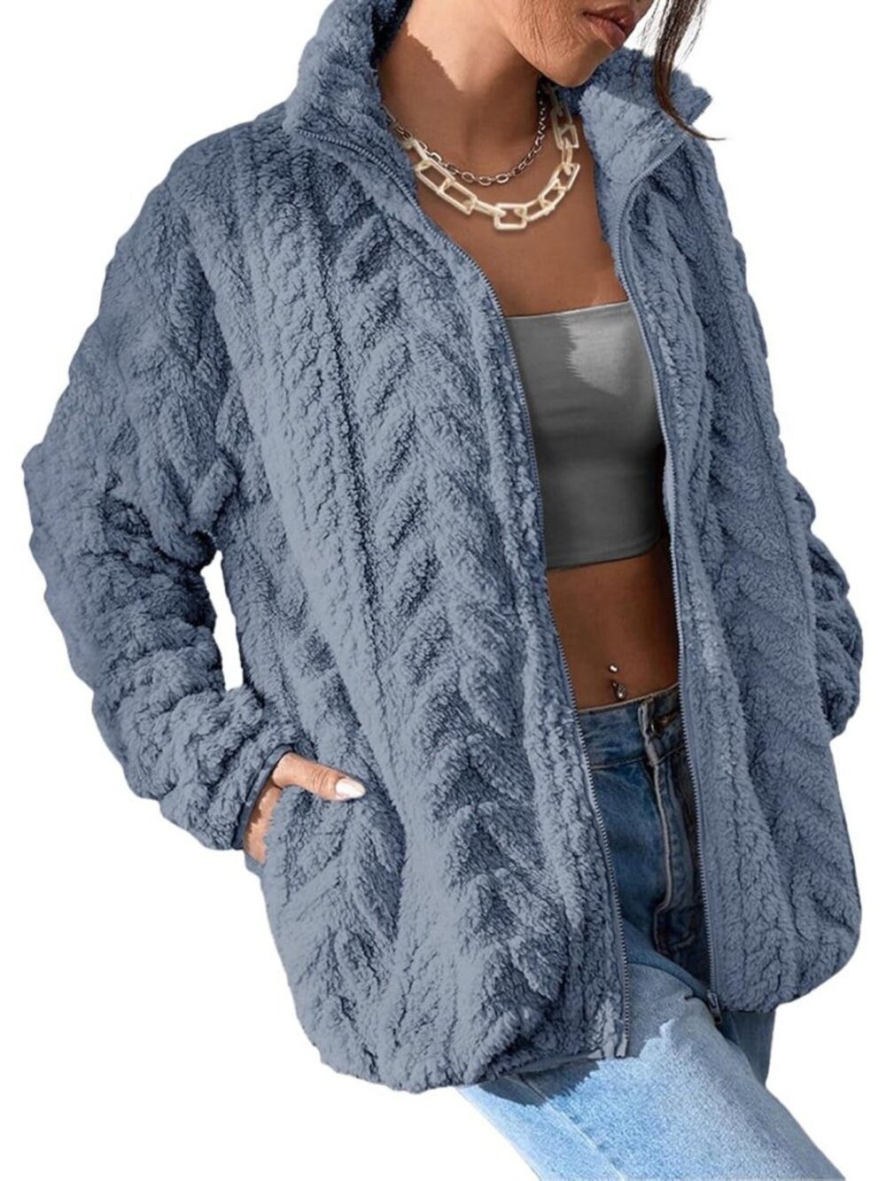 〽️Women's Dusk Blue Oversized Teddy Fleece Jacket Stand Collar Zip Coat